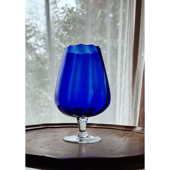 Vintage Empoli Cobalt Blue Glass Snifter 7" Tall Twisted Stem Brandy Glass Vase - Picture 1 of 6